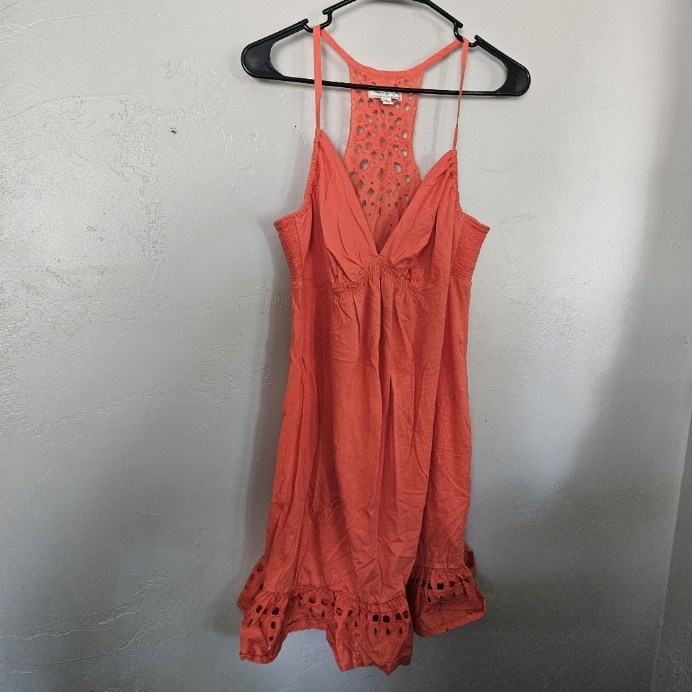 American Eagle Women's Large Coral Sleeveless Mini Dress Eyelet Lace V-neck Tank